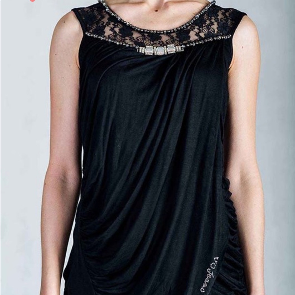 Black Lace Rhinestone Stud Detail Blouse Top